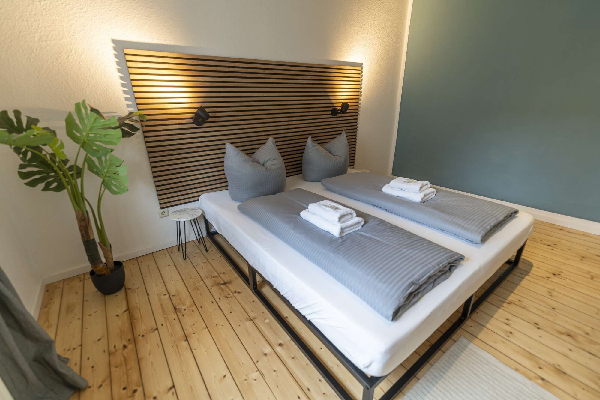 A double bed with a wooden headboard, two pillows, and a small bedside table with a plant.