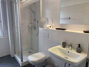A modern bathroom with a glass-enclosed shower, a toilet, a sink, and a mirror. - RR | Tiny Apartment | Parking | Kitchen | WIFI (Magdeburg)