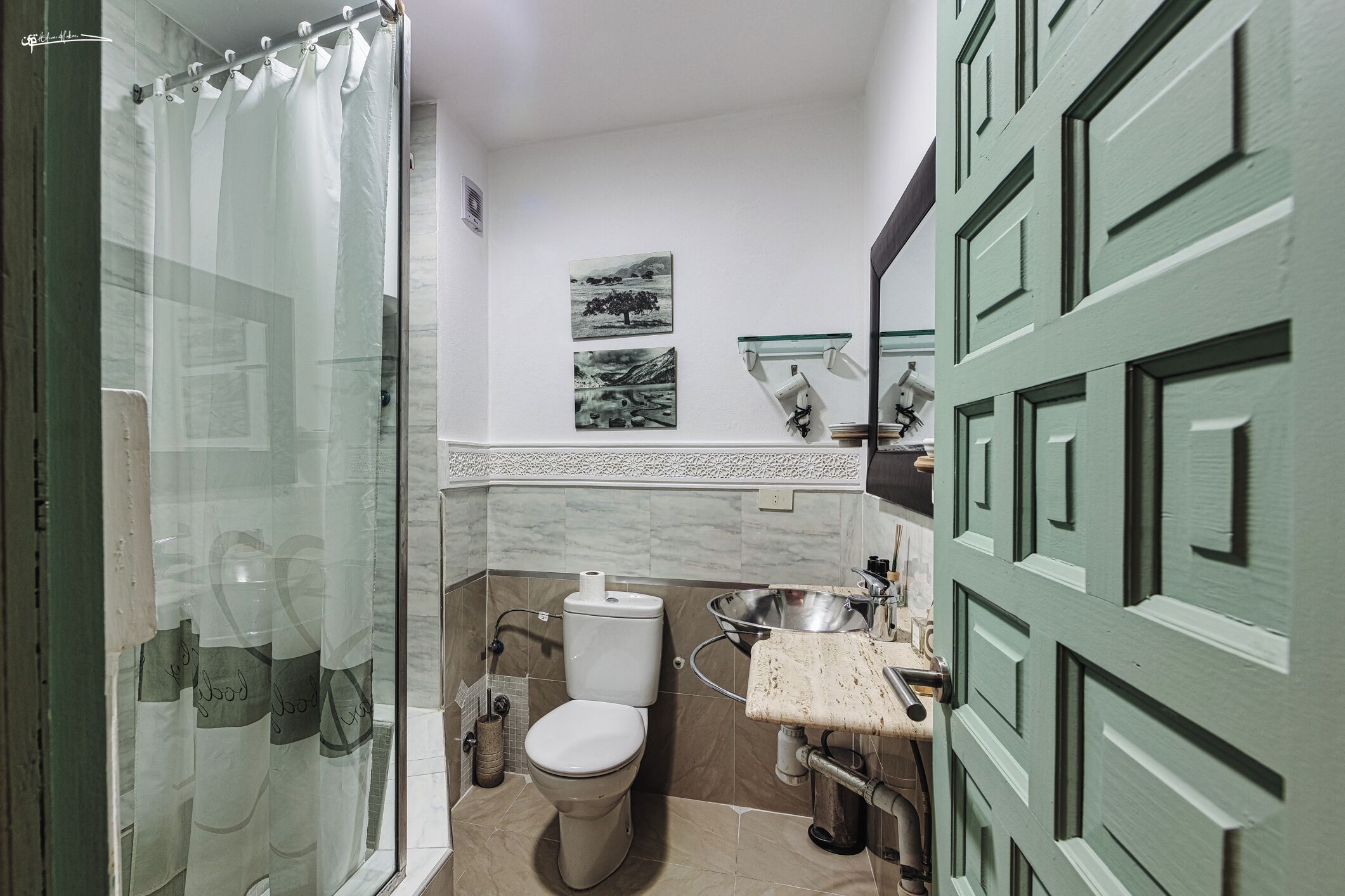 A bathroom with a toilet, a sink, and a shower curtain.