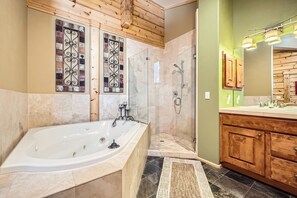 Shower, hair dryer, towels, shampoo