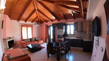 Smart TV, fireplace, books, music library