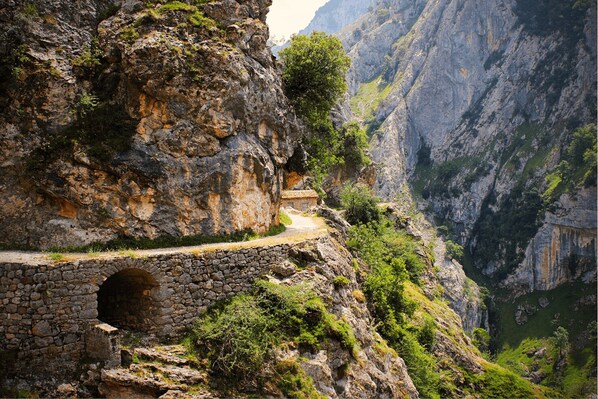 A stone bridge with a tunnel entrance, surrounded by rocky cliffs and greenery.