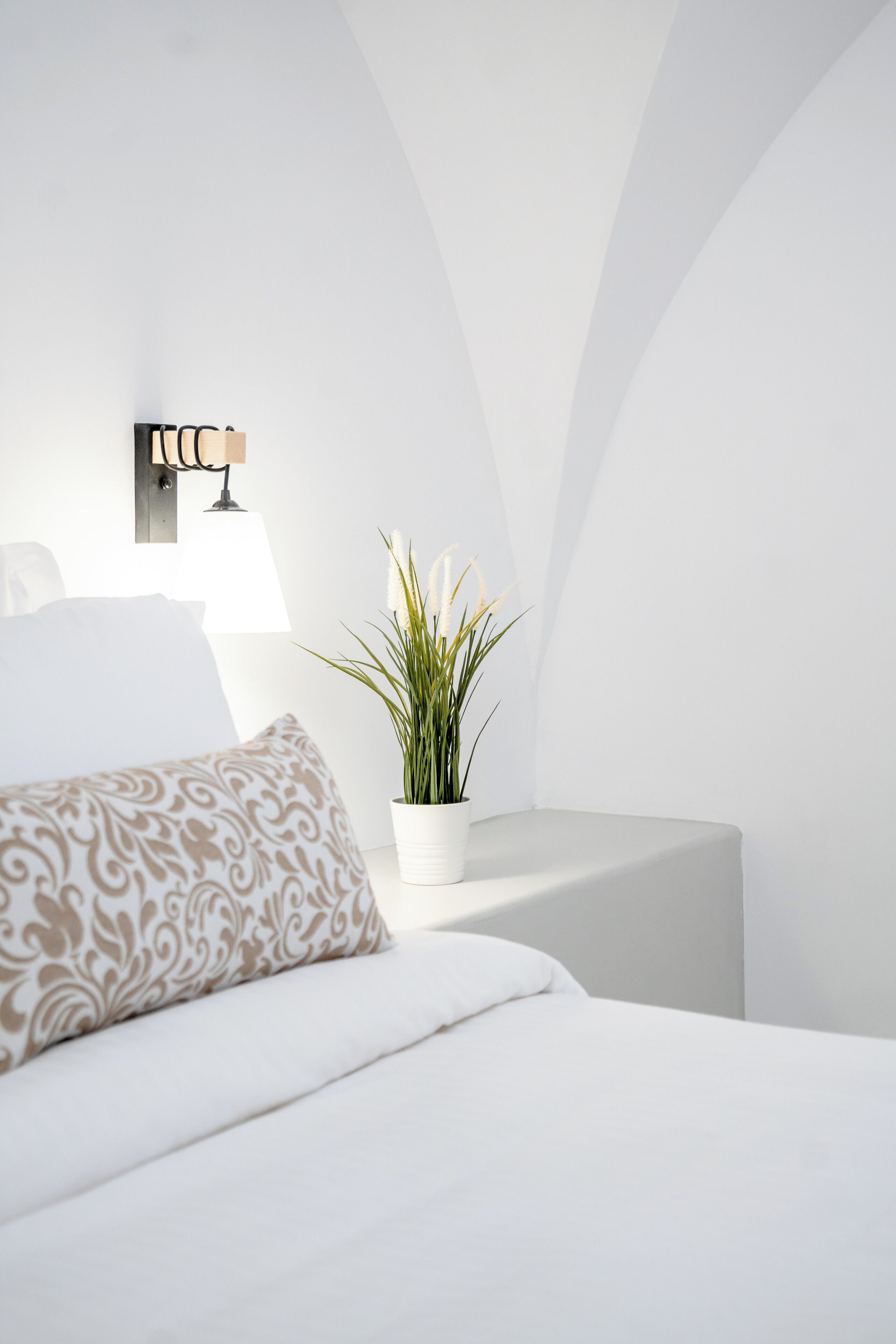 A minimalist bedroom with a bed, a bedside table with a lamp, and a potted plant.