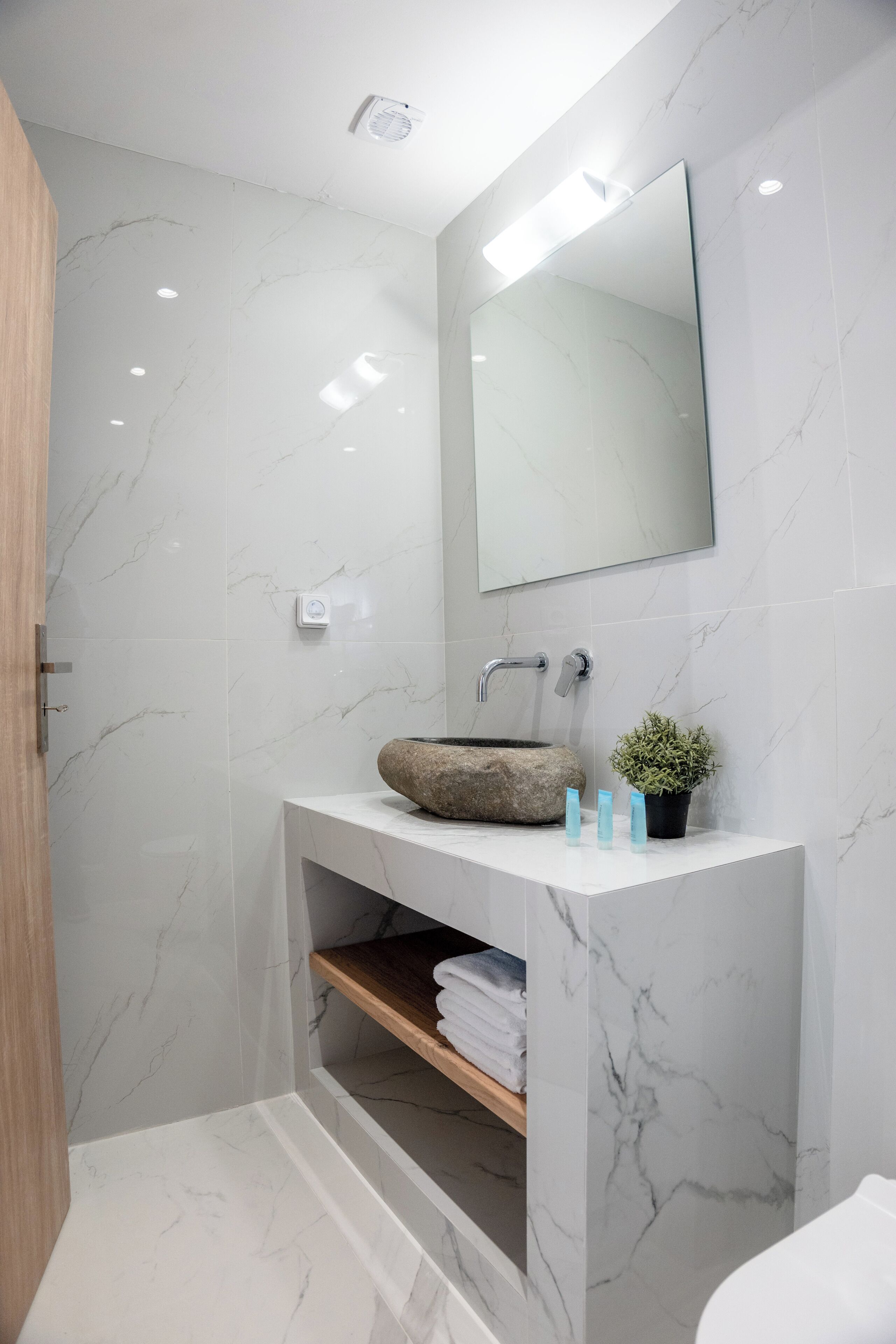 A modern bathroom with a marble wall, a large mirror, a stone sink, and a small potted plant.