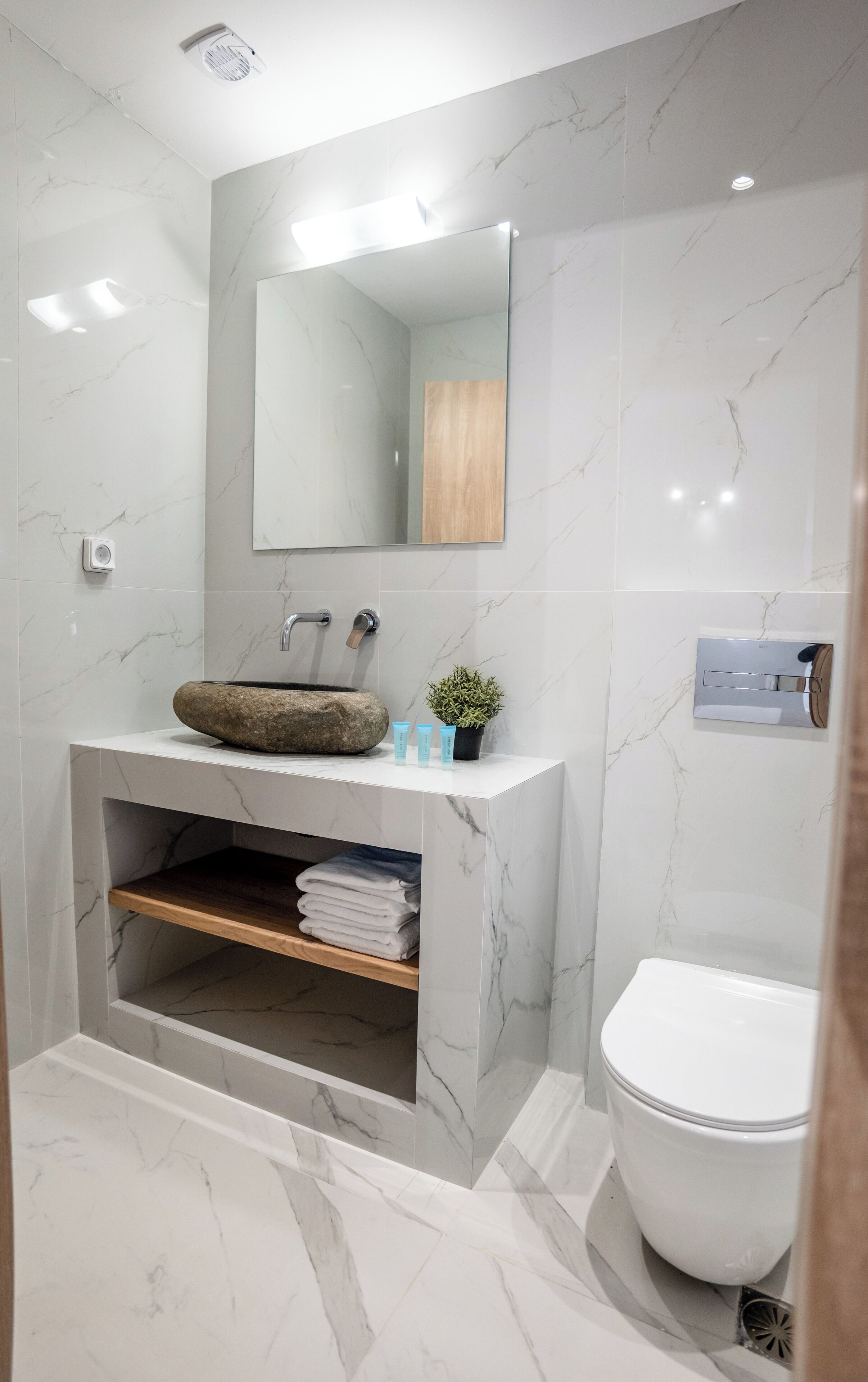 Une salle de bain moderne avec un lavabo en marbre, une étagère en bois, une petite plante et des toilettes.