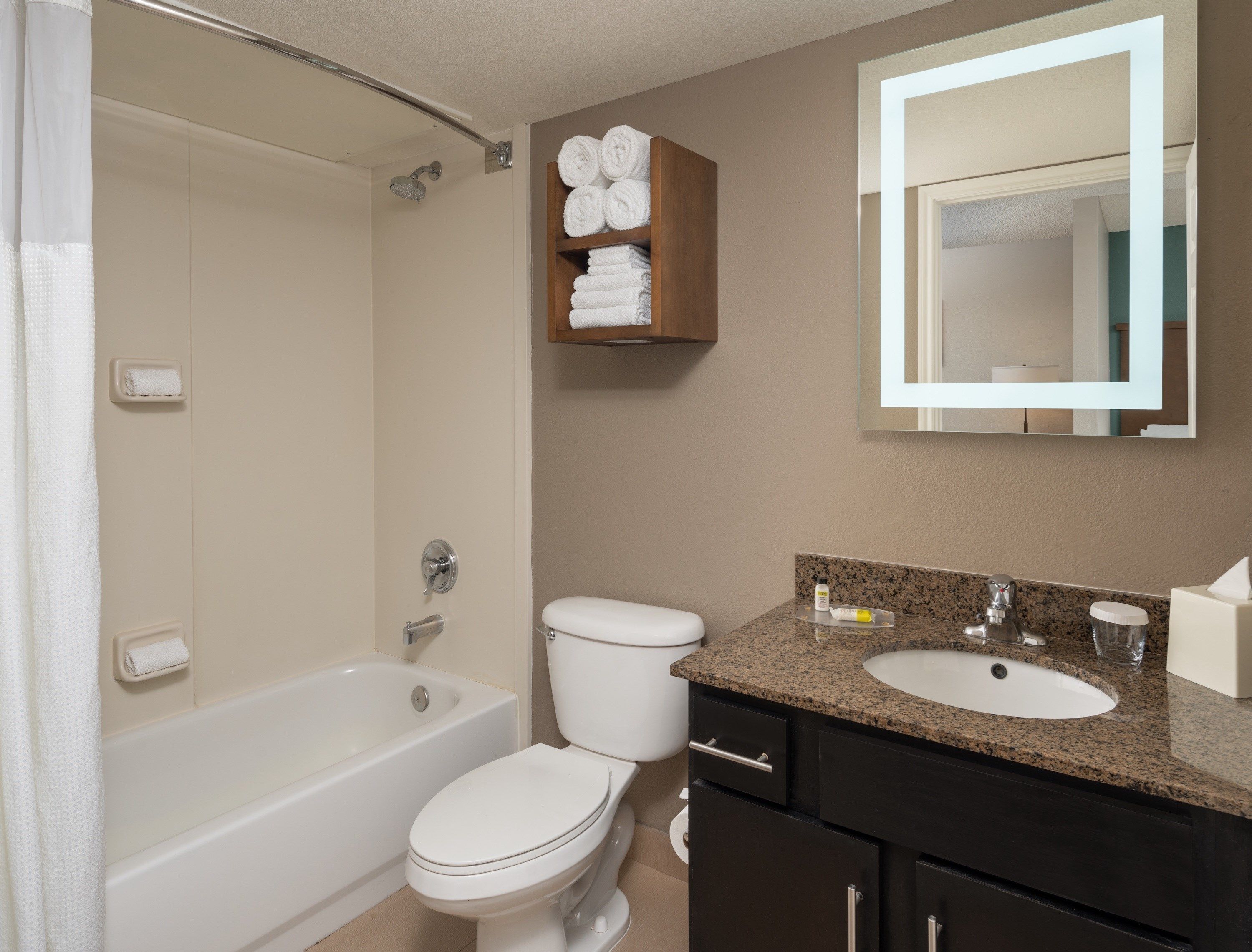 Hair dryer, towels, soap, shampoo
