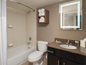 Hair dryer, towels, soap, shampoo