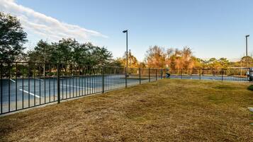 Ein Basketballplatz im Freien mit einem Metallzaun, umgeben von Bäumen und Gras.