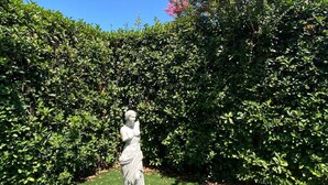 Une statue dans un jardin, avec une haie et un arbre en fleurs.