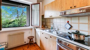 A compact kitchen with a window, wooden cabinets, a sink, and a stove. - Dora - Riva del Garda Apartment With Terrace (Riva del Garda)