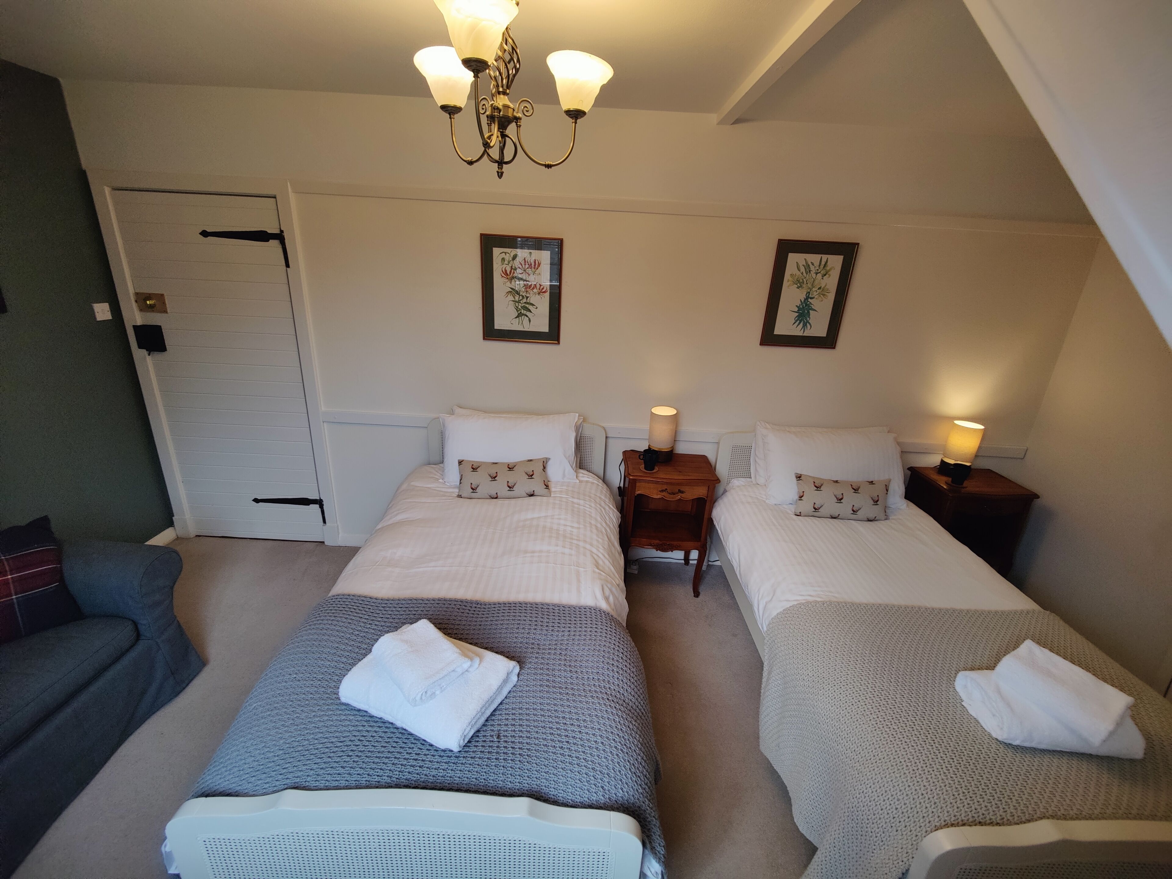 A twin room with two beds, a chandelier, a door, and framed pictures on the wall.