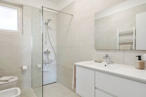 Shower, hair dryer, towels, toilet paper