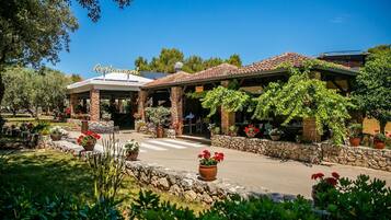 Un restaurante con terraza, paredes de piedra y plantas en macetas.