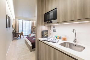 Mini-fridge, microwave, electric kettle, freezer