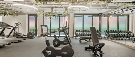 A gym with cardio machines, dumbbells, and hanging plants.