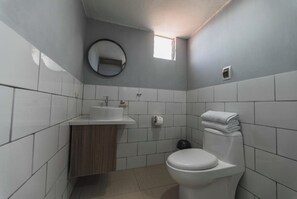 Hair dryer, towels, soap, toilet paper