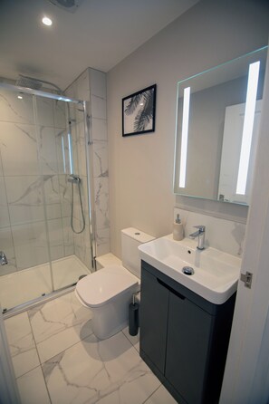 Shower, hair dryer, towels, soap