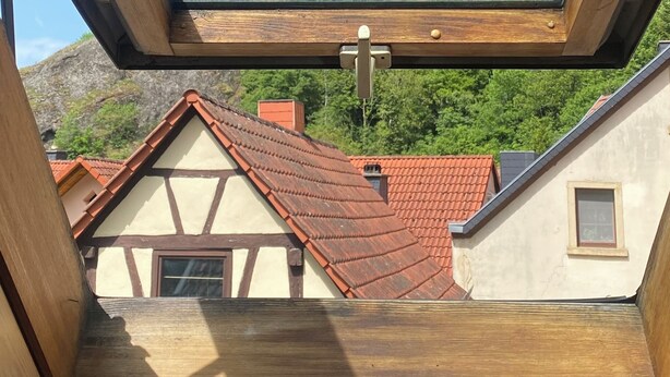 A skylight with a view of traditional buildings and a castle in the background. - Spacious vacation apartment in Falkenstein - in the middle of the Donnersbergkreis hiking region (Falkenstein)