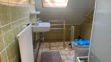 Hair dryer, towels, soap, toilet paper