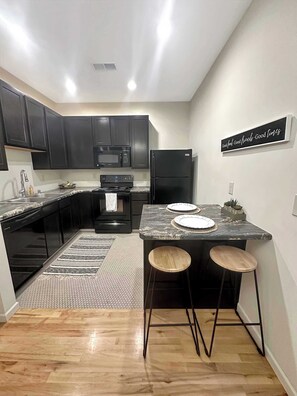 Fridge, microwave, oven, stovetop