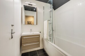 Hair dryer, towels, soap, shampoo
