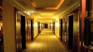 A hotel hallway with a patterned carpet, doors, and wall-mounted lights. - Xinxiang Jinghua Tropical Mineral Spring Health Garden (Xinxiang County)