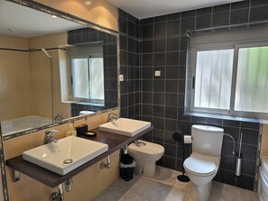 Hair dryer, towels, toilet paper