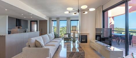 Smart TV, fireplace, books