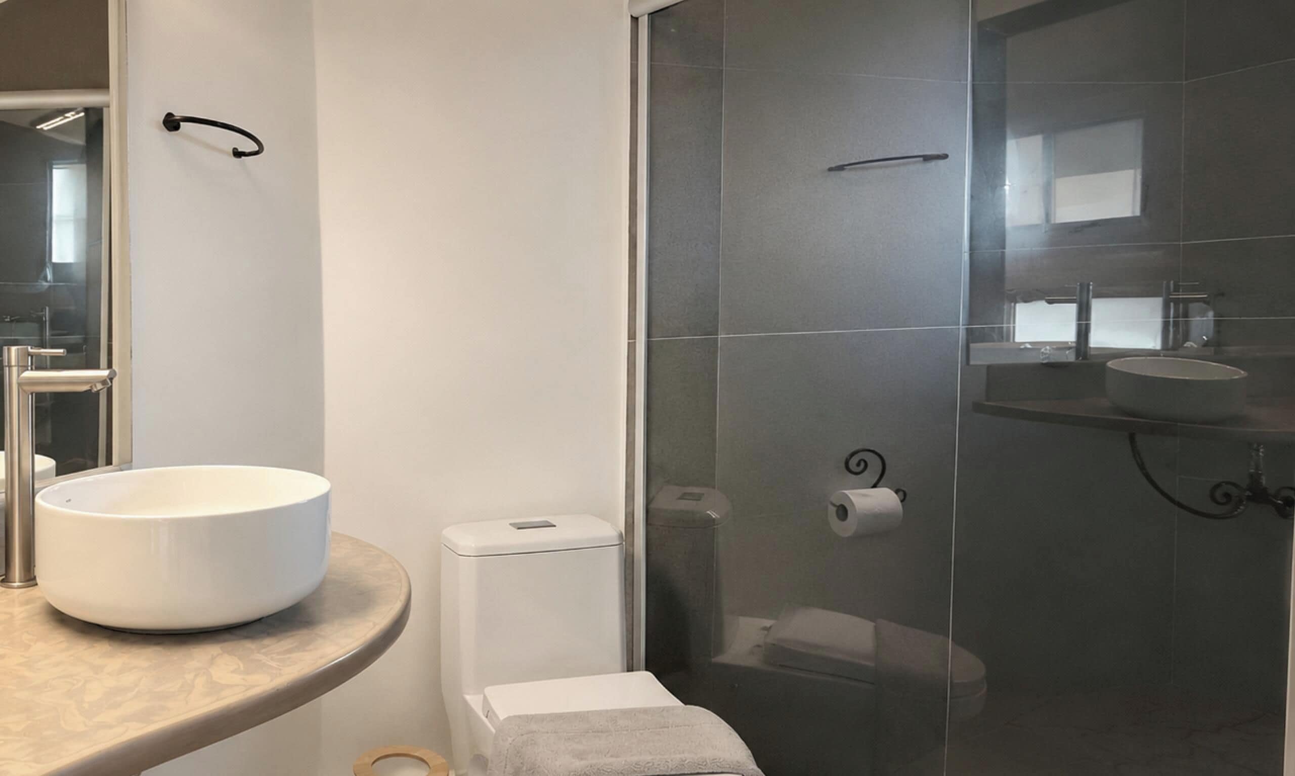 A modern bathroom with a large white sink, a glass shower enclosure, and a toilet.