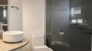 A modern bathroom with a large white sink, a glass shower enclosure, and a toilet.