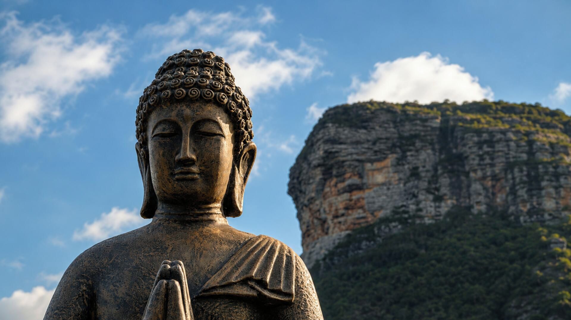 Una gran estatua de Buda con montañas al fondo.