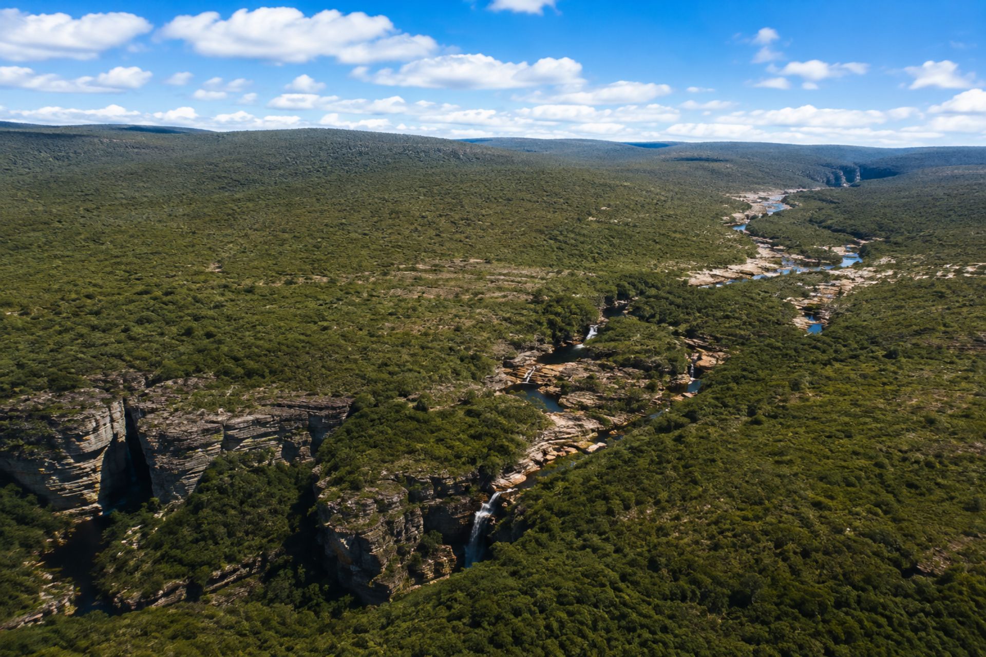 Un río serpentea por un valle boscoso con acantilados a un lado.