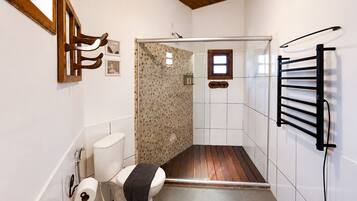 Casa de banho com chuveiro, sanita e porta-toalhas.