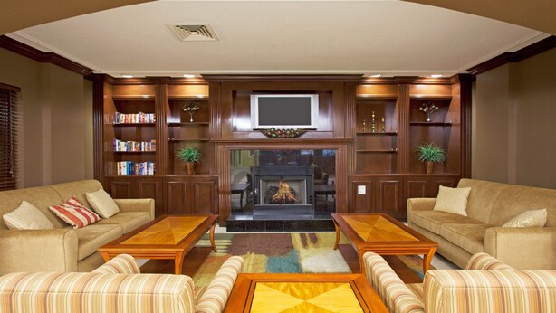 A living room with two sofas, a fireplace, a TV, and bookshelves. - Free Breakfast | 1.5 Miles from Orlando International Airport + 25 Minutes to Disney World (Orlando)