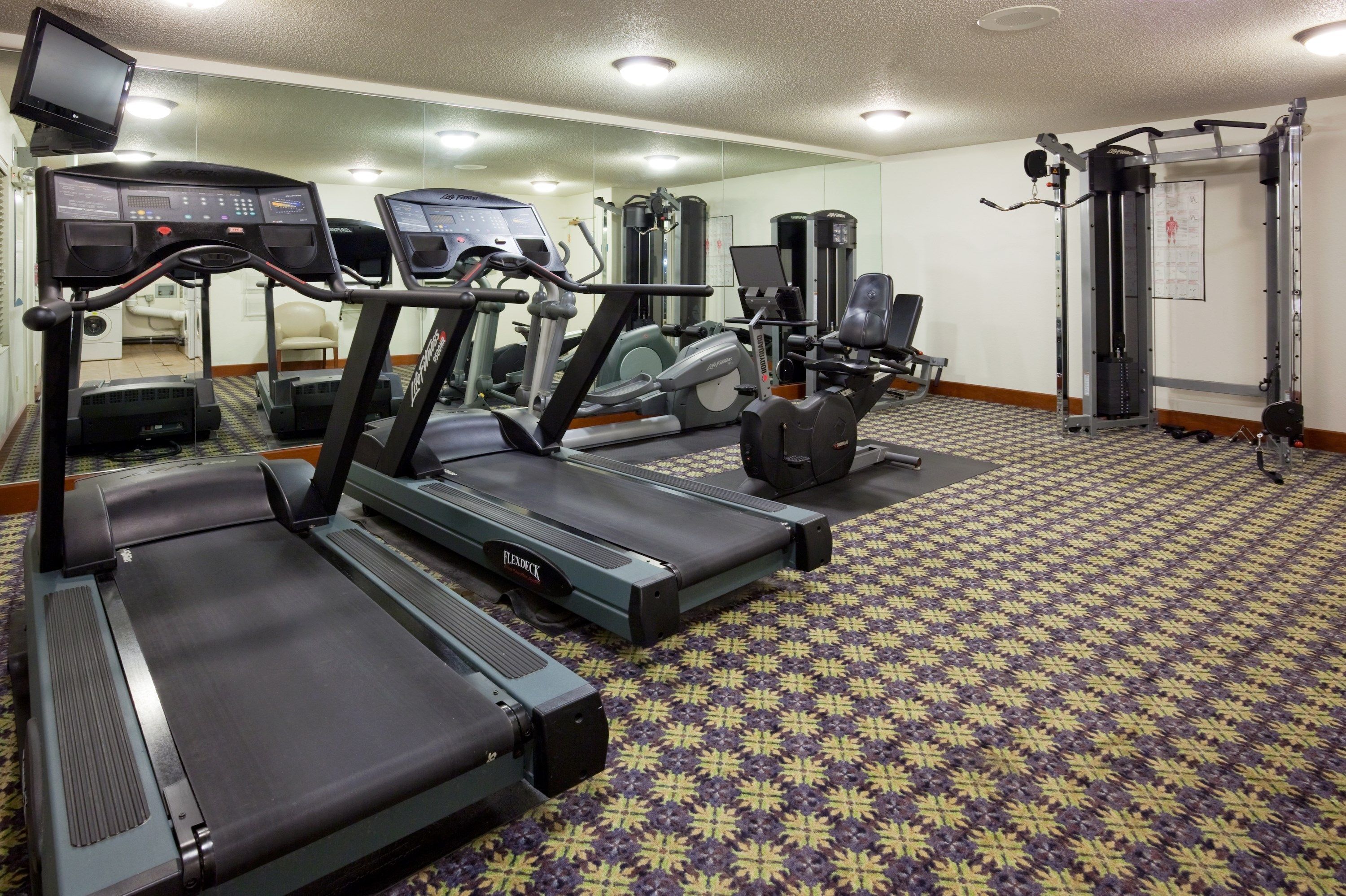 A gym with treadmills, a weight machine, and a mirror.