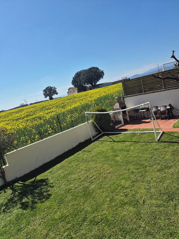 A residential area with a grassy lawn, a white wall, and a field of yellow flowers. - Fantastic house in a quiet neighborhood. (Salitja)