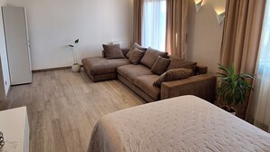 A modern bedroom with a large bed, a sofa, and a desk. - Fantastic house in a quiet area. (Salitja)