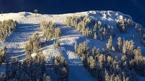A snow-covered mountain with a ski lift and dense forest. - Slopeside Location + Shared Outdoor Hot Tub (Kirkwood)