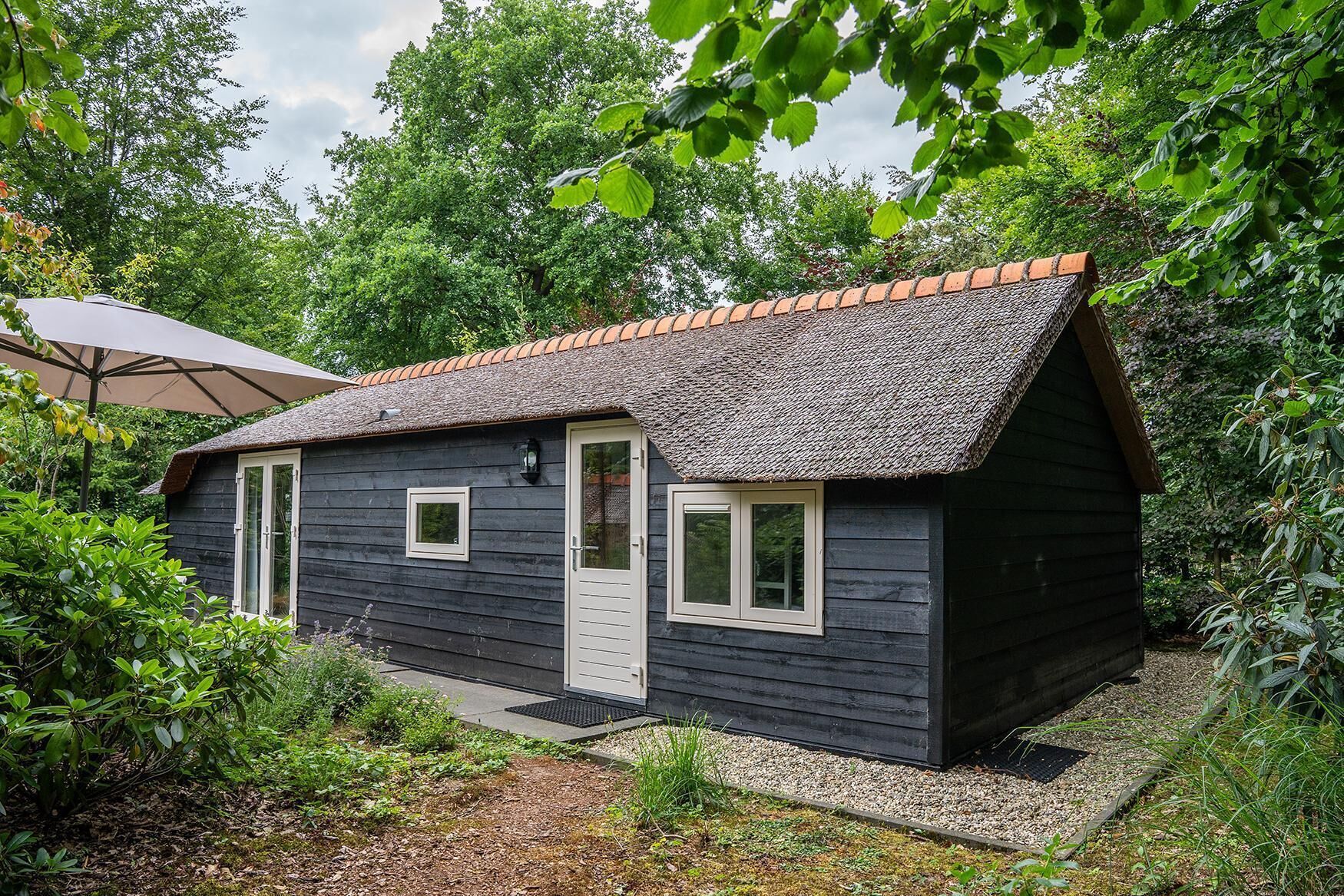 A small, dark wooden cabin with a tiled roof, surrounded by lush greenery.
