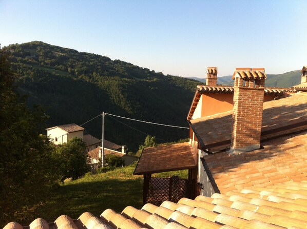 A residential area with terracotta-tiled roofs, a clear view of a hillside, and a power line in the foreground.