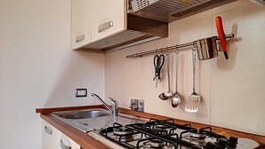 A compact kitchen with a gas stove, sink, and hanging utensils.