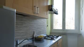 Eine Küche mit Edelstahlgeräten, Holzschränken und einem Fenster mit Blick auf Bäume.