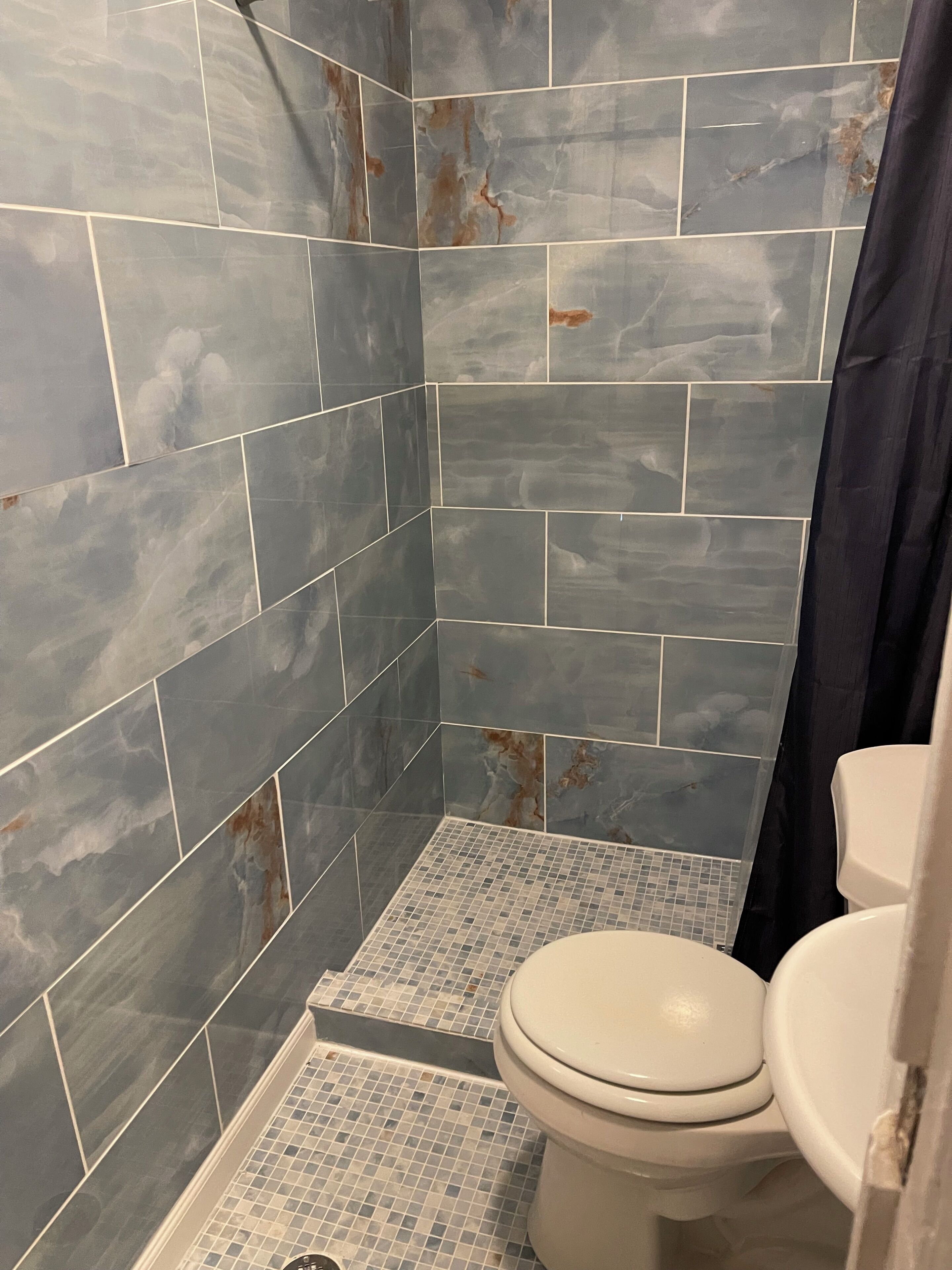 A bathroom with a shower, tiled walls, and a toilet.