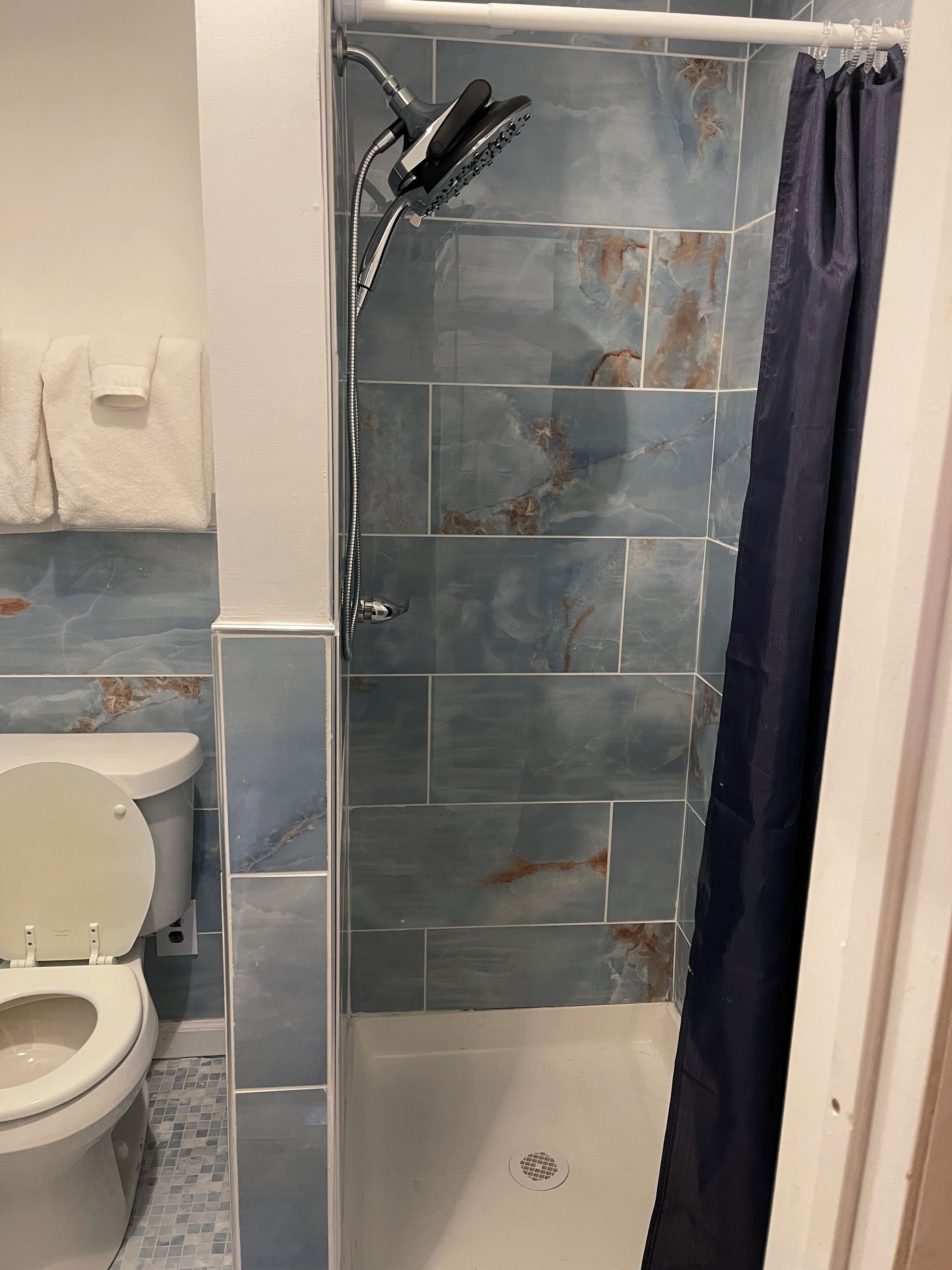 Un bagno con doccia, WC e pareti piastrellate.
