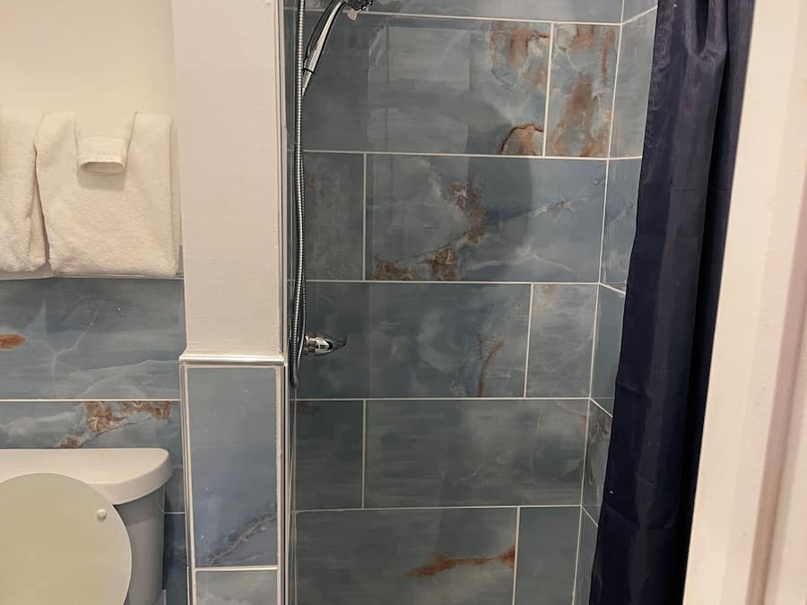 Un bagno con doccia, WC e pareti piastrellate.