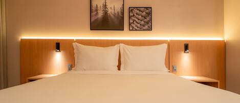 A large bed with two white pillows, a wooden headboard, and two bedside tables with wall-mounted lamps.