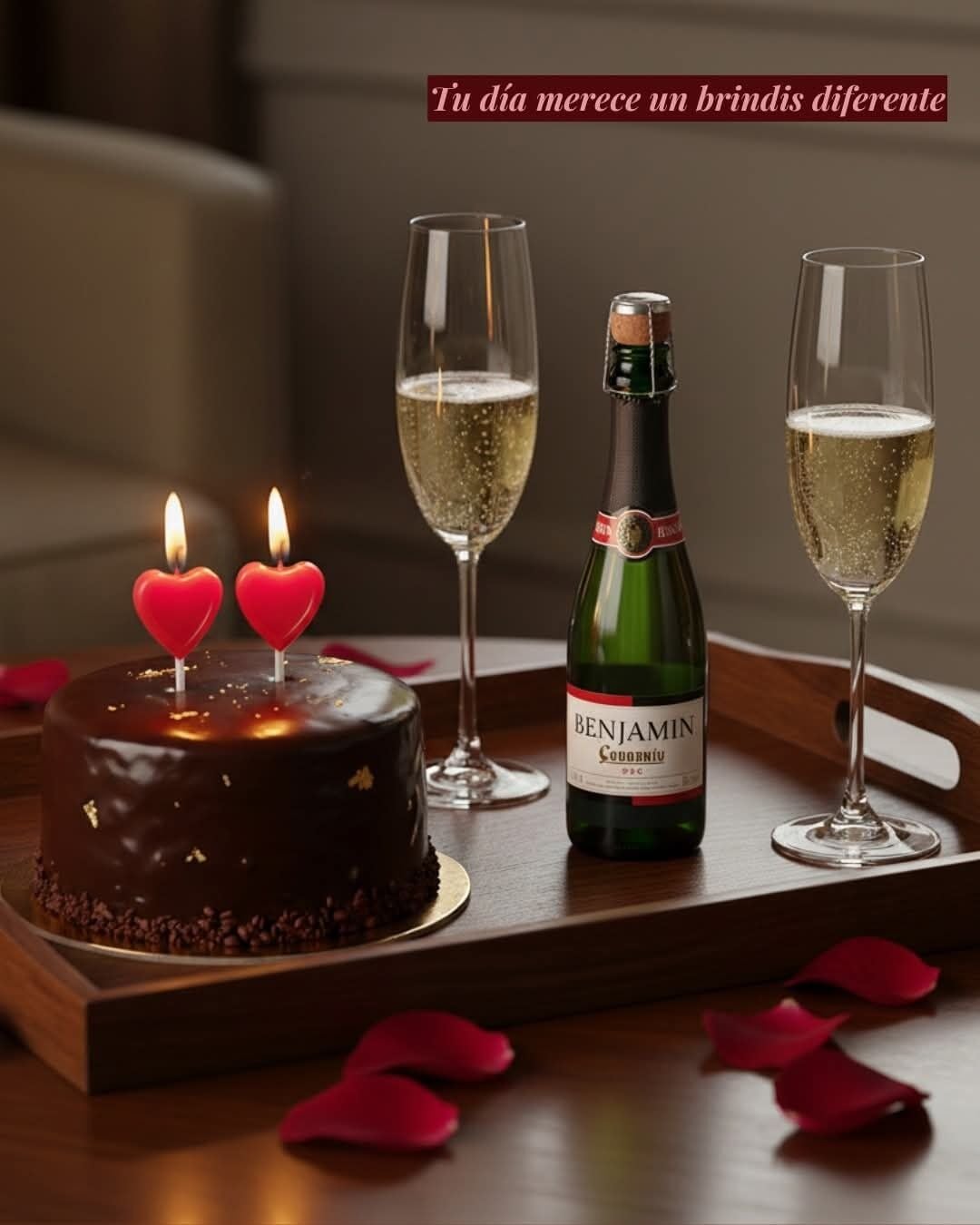 A chocolate cake with two lit candles on a wooden tray, accompanied by two champagne glasses and a bottle of Benjamin Cognac.