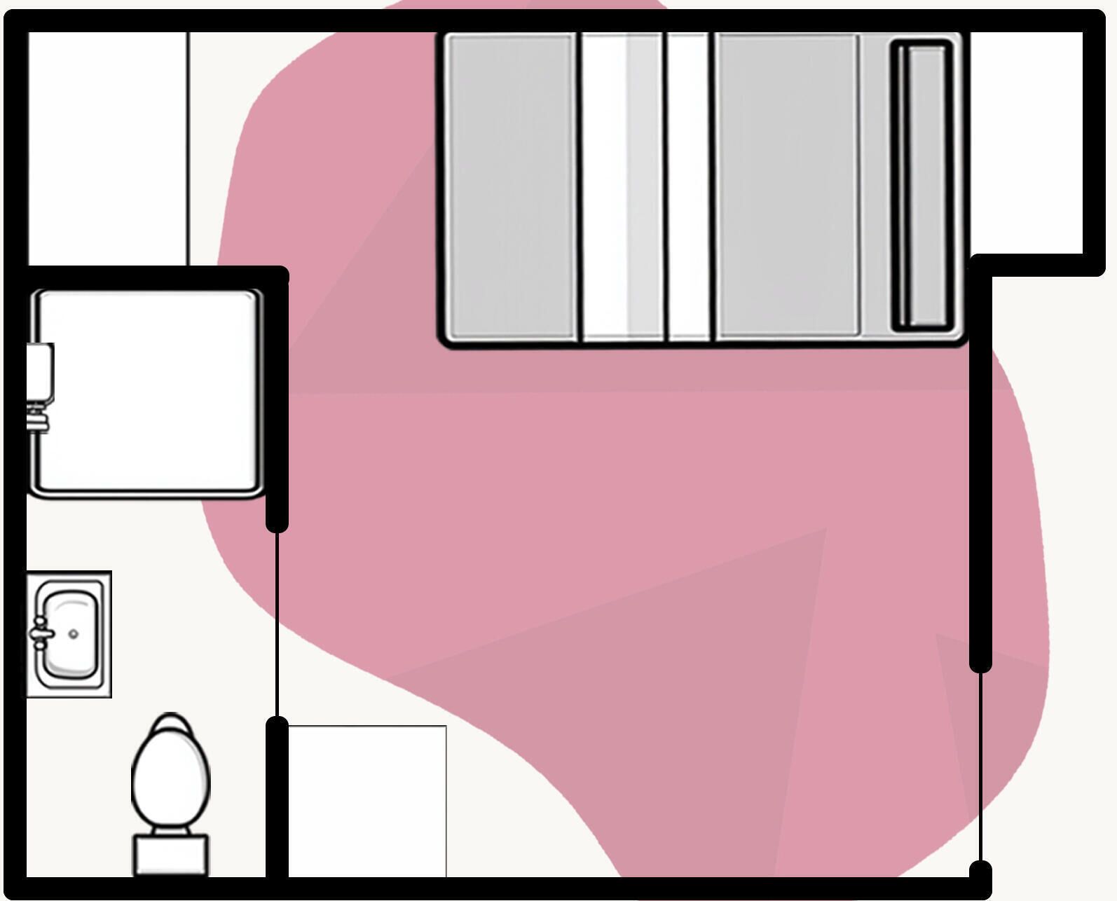 A hotel room layout with a bed, a desk, a chair, a toilet, and a sink.