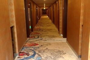 A hotel corridor with wooden doors and a patterned carpet.