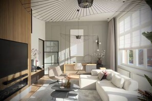 智能電視、壁爐、書籍、音響